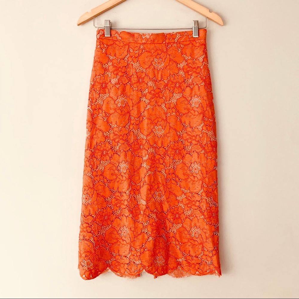 Topshop Orange  Lace Pencil Midi Skirt